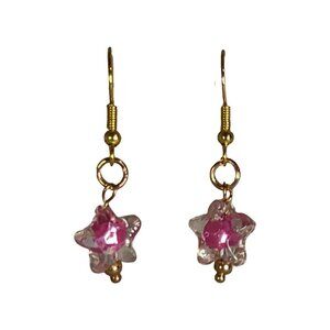 NEW Handmade/Homemade Dark/Hot Pink Bead in Clear Star on Gold Drop Earrings